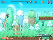 Rocket Pets game screen showing a small, cute pet character (like a dog or cat) wearing a jetpack and flying through a colorful, obstacle-filled space level, collecting gold coins.