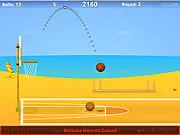 Arcade-style Summer Basketball game screenshot showing a ball mid-air, aiming for a hoop under a bright summer sky.