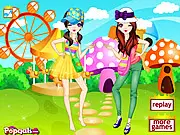 Play Twins Photoshoots online free dress up game featuring two twin sisters getting styled for a professional park photo session.