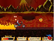 Burning Path Extreme Race free game screenshot showing a motorcyclist riding a dirt bike quickly across a narrow, crumbling path with bright orange lava beneath.
