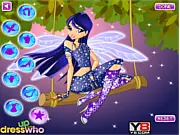 Screenshot of Inspirational Beauty game showing a styled female character, Musa, wearing a colorful ethereal dress and sparkling magical fairy wings