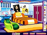 Gameplay screenshot of Vanessa Hudgens Fan Room Decoration, showing a finished bedroom with pastel colors and celebrity posters.