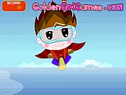 Peter Pan Flying Training free online game image showing Peter Pan flying on a magic broomstick in the sky, avoiding floating obstacles and collecting stars.