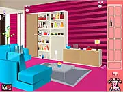 Main screen of the Lipstick Room Escape game, showing a beautifully decorated room with various interactive objects and clues needed to find the lipsticks and escape, available to play free online.