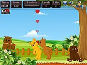 Teddy Love Kiss free online game image showing two teddy bears leaning in for a kiss while other teddy bears in the background are watching them furiously.