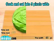Gameplay screenshot of Chop Cabbage, showing a hand with a knife precisely slicing a head of cabbage on a cutting board, with a display showing the required slice width.