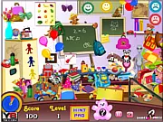 Kids Play School Hidden Objects free game screenshot showing a colorful classroom scene filled with toys, books, and children's furniture with a list of hidden items to find.