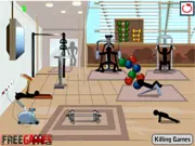 A stickman character working out in a gym, surrounded by weights and exercise equipment, just before a deadly 'accidental' chain reaction