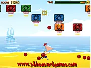 Phineas, from Phineas and Ferb, preparing to throw a basketball towards a moving hoop on a sunny beach in a free online sports game