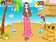 Screenshot from Hawaii Lifestyle Dress Up game showing a smiling girl posing in a brightly colored tropical outfit on a sunny Hawaiian beach