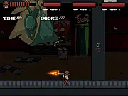 Heroes Battle 2 free online shooting game screenshot showing a small hero character fighting a huge, armored robot boss