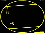 The main screen of Highway Roundabout, showing a flying vehicle trying to navigate through a stream of geometric blocks coming from the top of the screen on an abstract, high-speed track.