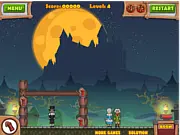 Screenshot of Collapse It 2 showing a medieval stone tower with humans inside and a bomb placed on a wooden support beam next to a green zombie character