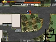 Cop Pursuit online game with a top-down view of a getaway car being chased by multiple police vehicles on a city street