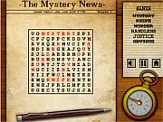 Gameplay screenshot of Mystery Words, showing a large grid of letters, a list of crime-related words to find, and a space for the famous hidden quotation.