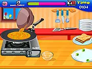 Screenshot of Bread Omelet cooking game showing a finished golden-brown omelet with bread slices inside, served on a plate with ketchup