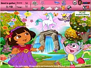 Gameplay screenshot of Dora Adventure Hidden Objects, showing Dora the Explorer and her friends in a colorful scene with several small items hidden within the background.