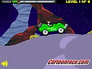 Ben 10 Race Car free online driving game screenshot of Ben Tennyson driving a red car over bumpy green hills