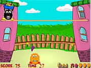 Gameplay screenshot of Fizizi Twins, showing two cartoon siblings collecting colorful fruits and vegetables while avoiding junk food like burgers and sodas.