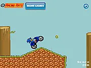 Gameplay screenshot of Sonic the Hedgehog riding a motorbike at high speed, attempting to collect golden rings