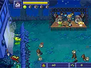 A cartoon pea shooter plant on the ground firing a bullet at a wave of approaching, goofy-looking zombies - Pea VS. Zombies Online Game