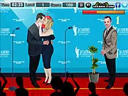 Screenshot of Secret Celebrity Kissing game showing a famous couple leaning in to kiss while other cartoon characters look away