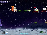 The Galactic Cats game logo and character art, showing four stylized cartoon cats preparing to fight a small but angry hamster in a spaceship.