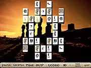 Screenshot of Ancient Sculptures Mahjong showing Moai-themed tiles and a Polynesian background | Play free online tile matching puzzle game