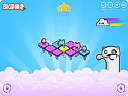 Mushbits 2 game screenshot, an adorable bunny jumping to collect a cupcake on a colorful mushroom platform, play free online platformer