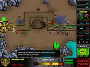 A top-down view of turrets firing lasers at waves of small alien ships approaching a central defense core in the free tower defense game Swarm Defender.