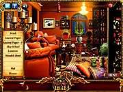 Treasure Island Hidden Objects free online game screenshot, showing a detailed mysterious room with various items to find