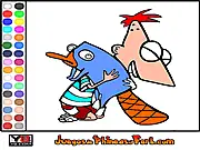 Phineas and Ferb Coloring online game screen, showing characters Phineas, Ferb, and Perry the Platypus.