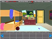 Gameplay screenshot of the free online game Cat Girl Room Escape, showing a brightly decorated, locked room with cat-themed objects and furniture to be searched for clues.