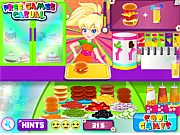 Play Polly's Burger Cafe online game, showing Polly Pocket cooking a burger and serving a customer.