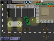 Screenshot of the Town Obstacle Parking game, showing a car carefully navigating between orange traffic cones in a city environment to reach a target parking space.