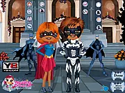 Super Hero Wedding free dress-up game thumbnail showing a comic book couple dressed in a wedding gown and suit, with a subtle superhero emblem.