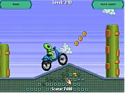 Space Moto free online bike racing game featuring an alien riding a motorcycle across a cosmic track with stars and planets