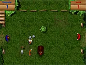 Screenshot of Soccer On The Nature 2 showing two players battling for the ball on a forest pitch with a deer running by and a small tree growing in the field