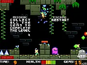 Screenshot of the Gem Hunter character jumping over spikes to collect a blue gem in the free online platformer game