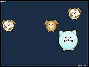 P-Cat online game screenshot showing a large orange cat moving away from several small brown dogs on a simple, green background