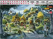 Screenshot of the Village Hidden Alphabets Game free online, showing the detailed village scene with a hidden letter 'A' partially visible.