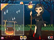 Screenshot from Beautiful Witch Dress Up online game showing a stylish witch character ready for the player to select her outfit, hat, and magical accessories.
