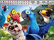 Screenshot of the Rio and Kong Hidden Alphabets free online game, showing the colorful jungle environment with a parrot and a large hidden letter 'G'.