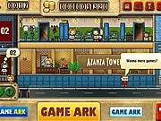 Gameplay screenshot of the free online game Tower Up!, showing a partially built skyscraper with multiple residential and commercial floors visible.