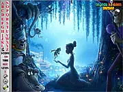 Screenshot of Princess and the Frog Hidden Alphabets free online game, showcasing the magical fairytale setting with a hidden letter 'R' faintly visible.