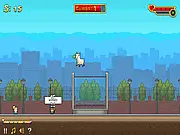 Screenshot of Llama In Your Face free online arcade game, showing the llama jumping in its cage and successfully spitting green liquid onto a shocked visitor's face.