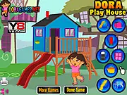 Gameplay screenshot of the free online decorating game Dora Play House, showing a bright, colorful room with various furniture items ready to be placed.