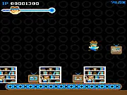Screenshot of Super Treadmill free online game, showing a character running on a moving belt while jumping over a series of rapidly approaching obstacles.