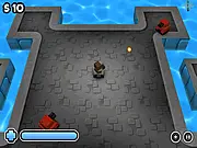 Screenshot of Cube Tank Arena 3D free online game, showing a player's cube tank shooting at enemy tanks within the isometric 3D arena.