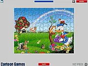 Gameplay screenshot of the free online puzzle game Donald Duck Jigsaw, showing scrambled pieces of an image of the Disney character Donald Duck.